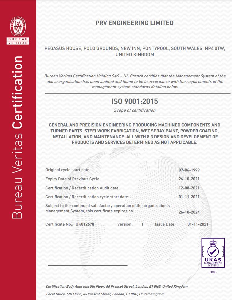 PRV Quality Certificate - click to view