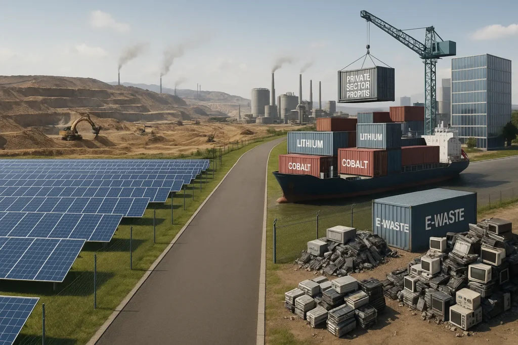 Solar farm in foreground with rare earth mining, e-waste piles, and global shipping operations visible in the background, highlighting the industrial cost of green energy