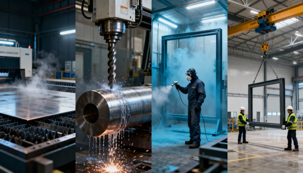 A photorealistic collage of large format machining processes working on smaller components including busbars, railway brackets, and defence structures inside a clean industrial workshop.