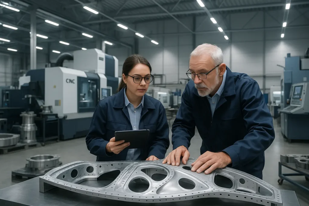 Engineers inspecting an aerospace component | CNC machining, deep-hole drilling, and robotic fabrication for aerospace manufacturing
