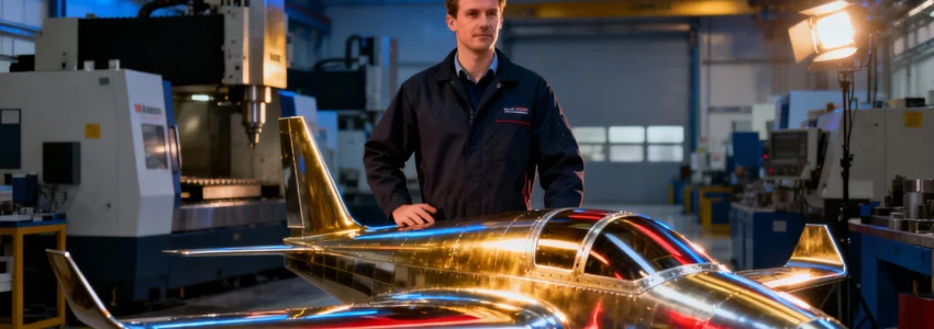 Aerospace engineer beside a precision-machined component symbolising UK subcontractor expertise.