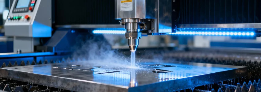 Modern waterjet cutting machines slicing metal with a high-pressure abrasive jet in an engineering workshop.
