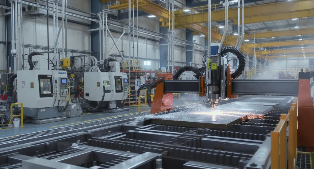 Defence manufacturing facility with CNC machining, deep hole drilling and hydro-abrasive cutting equipment producing structural components