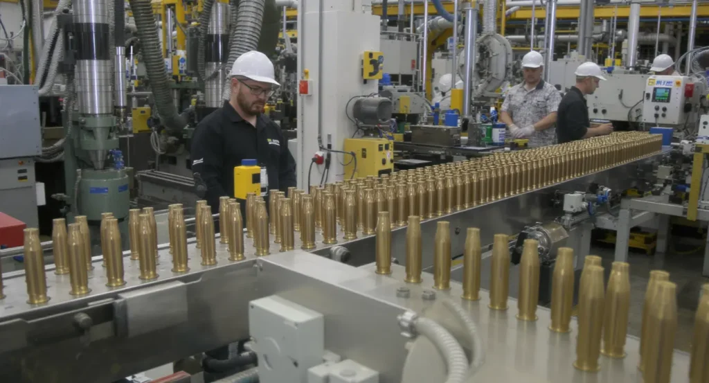 Ammunition production line with CNC stamping and machining stations in a defence manufacturing plant