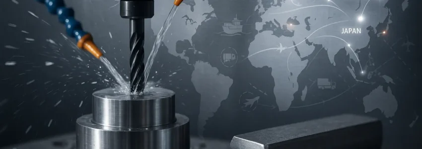A CNC machine precisely machining a titanium component in the foreground, with a faint metallic world map and subtle supply-chain route lines in the background, symbolising global titanium supply challenges alongside advanced titanium machining capabilities.