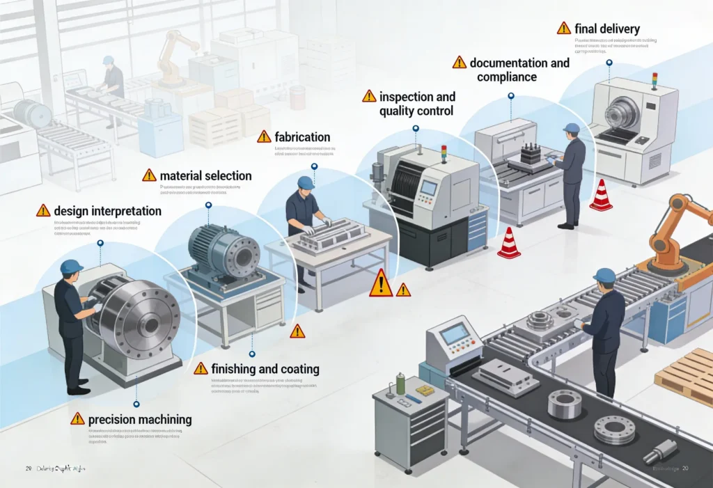 Diagram-style illustration showing how late-stage processes such as finishing and inspection can impact overall engineering delivery.