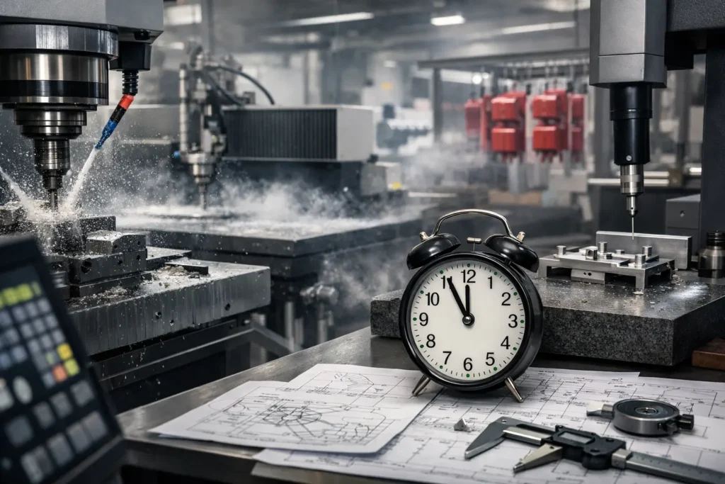 An industrial image showing components paused between machining and finishing stages, with coating racks, inspection tools and documentation visible.