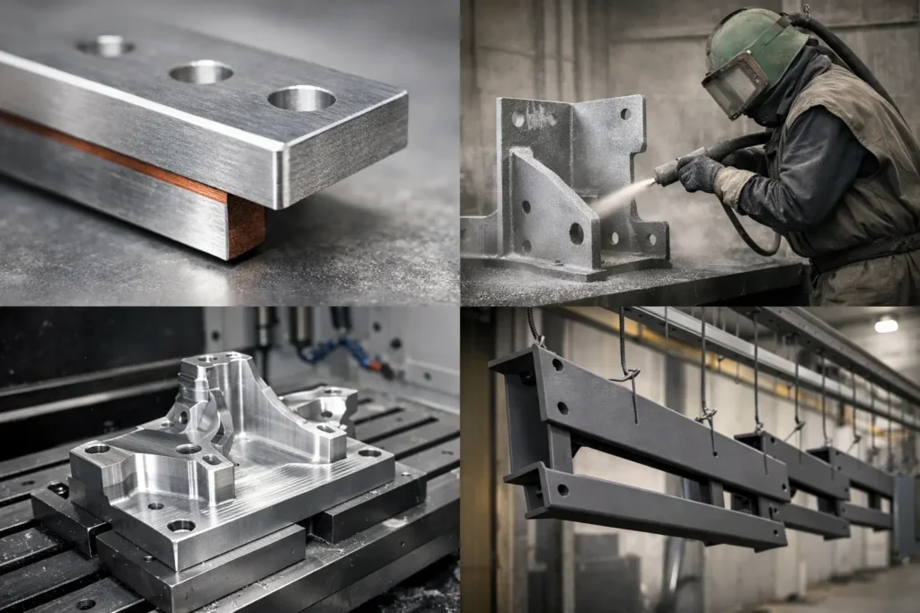 Collage of surface engineering processes including silver-plated busbar, grit blasting of steel, 5-axis CNC machining and powder-coated rail component.