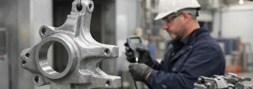 Industrial workshop showing a shot blasted steel component on a coating line while a technician measures coating thickness with a digital gauge.