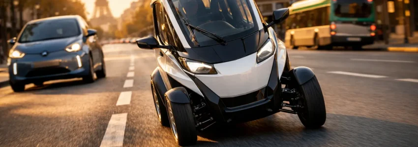 Automotive editorial photograph of a narrow four-wheel tilting microcar driving on a Paris boulevard at golden hour
