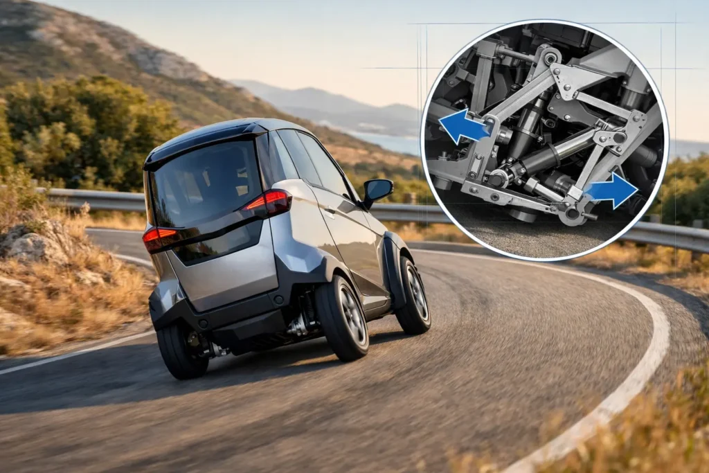 Automotive photograph of a narrow two-seat tilting electric microcar driving along a winding road in the South of France. The vehicle is leaning slightly into a gentle corner to visibly demonstrate tilt dynamics.