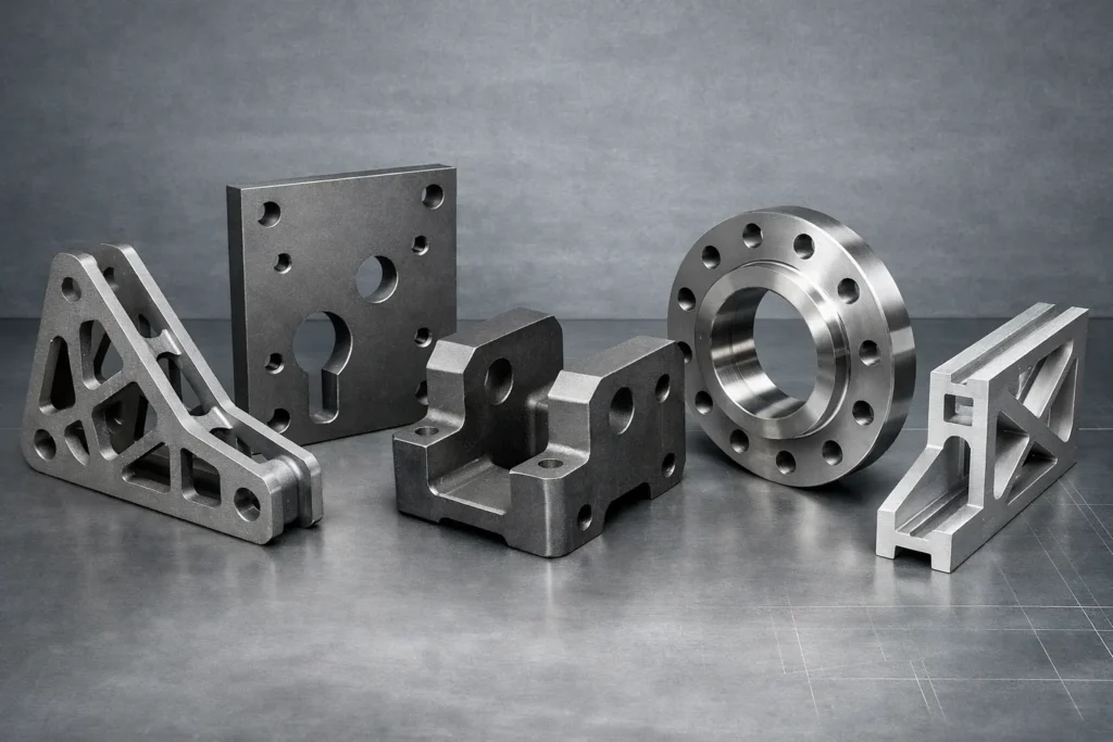 Precision waterjet-cut metal components from aerospace, defence, rail and energy sectors displayed on an industrial background, showcasing clean edges and thick plate cutting capability.