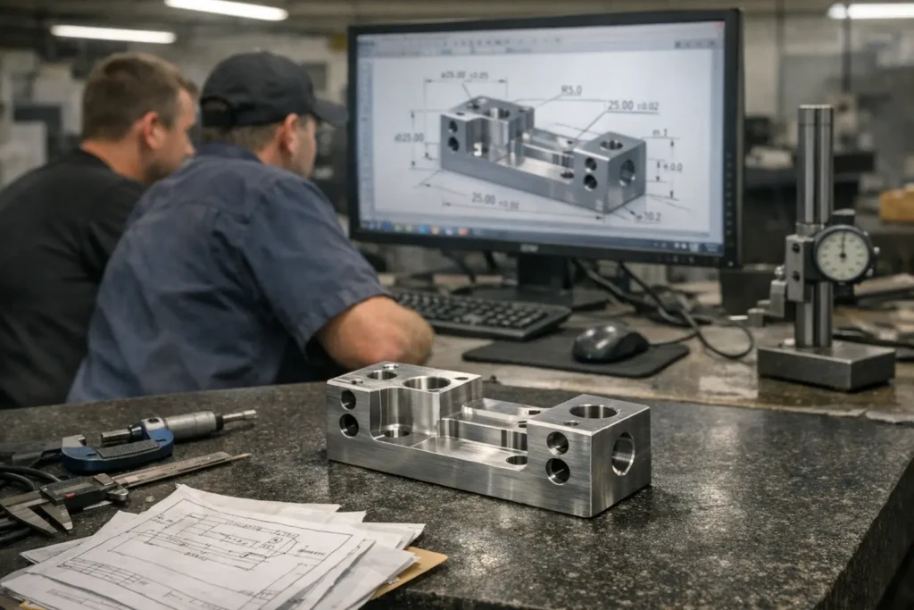 Engineering workspace showing CAD design with tolerance specifications alongside a machined component and inspection tools, illustrating how tolerances originate in design.