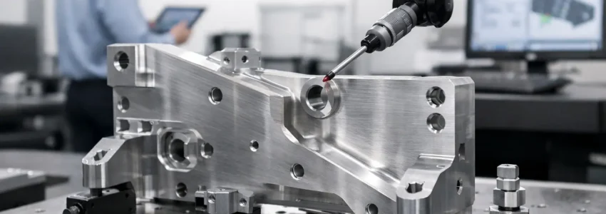 Precision inspection of a machined aerospace component using a coordinate measuring machine to verify engineering tolerances.