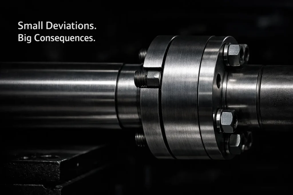 Engineering image showing a precision-machined mechanical assembly in a dark industrial environment with overlay text, "Small Deviations. Big Consequences"