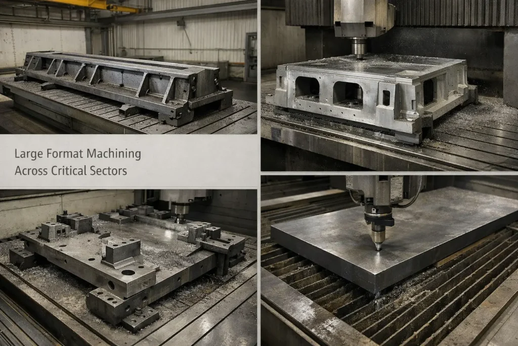 Infographic showing large format machining across rail, defence, energy and infrastructure sectors, including gantry CNC machining and hydro-abrasive waterjet cutting.