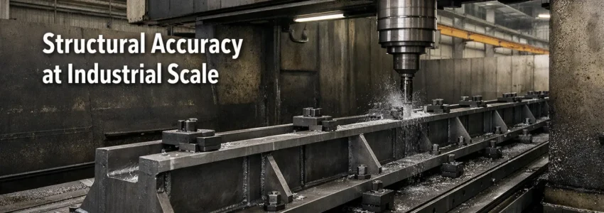 High-resolution industrial photograph inside a large CNC machining bay showing a 2 metre fabricated rail mounting frame secured on machine bed