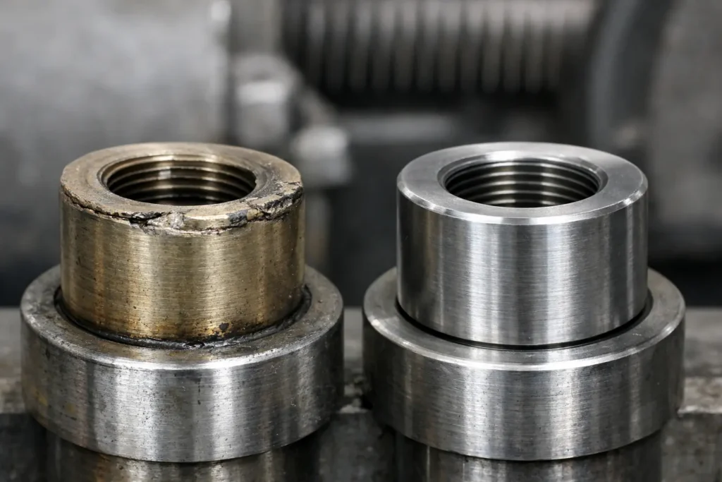 Mechanical assembly showing early wear and misalignment caused by incorrect material choice and engineering tolerances.