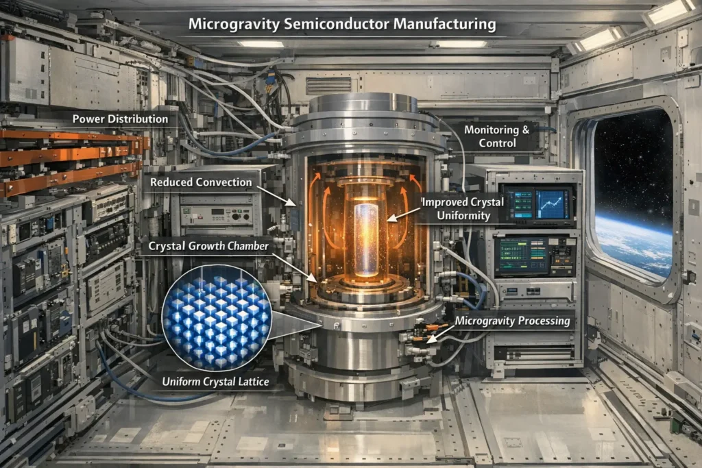 Semiconductor crystal growth experiment inside an orbital microgravity manufacturing module with spacecraft electronics racks and power busbars.