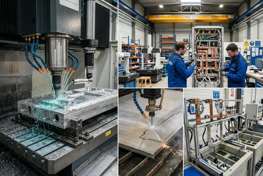 Aerospace manufacturing facility machining spacecraft components with large CNC equipment, hydro-abrasive waterjet cutting and electrical systems assembly for space hardware.