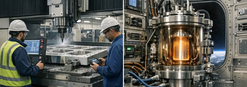 Split-scene image showing safe aerospace CNC machining on Earth and a realistic orbital semiconductor manufacturing module in low Earth orbit.