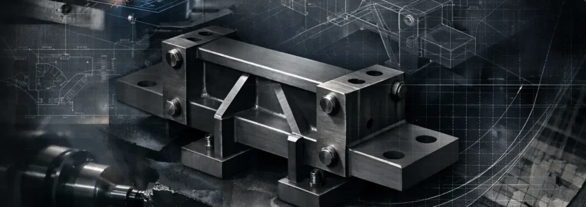 Abstract collage of precision-engineered components with subtle blueprint overlays and geometric linework, representing hidden processes behind reliable engineering