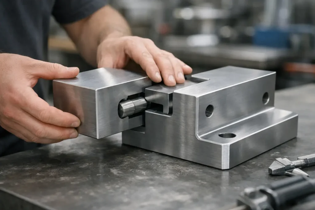 Close-up of an engineer’s hands holding a precision-machined metal component, highlighting quality, alignment and attention to detail in manufacturing