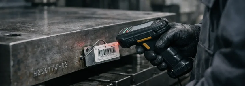 Armour-grade steel component in a defence engineering facility with traceability tag and industrial scanner in use