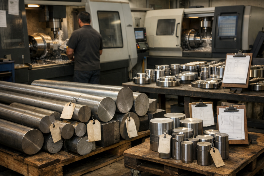 Large steel component on CNC machining table with traceability marking in a precision engineering workshop