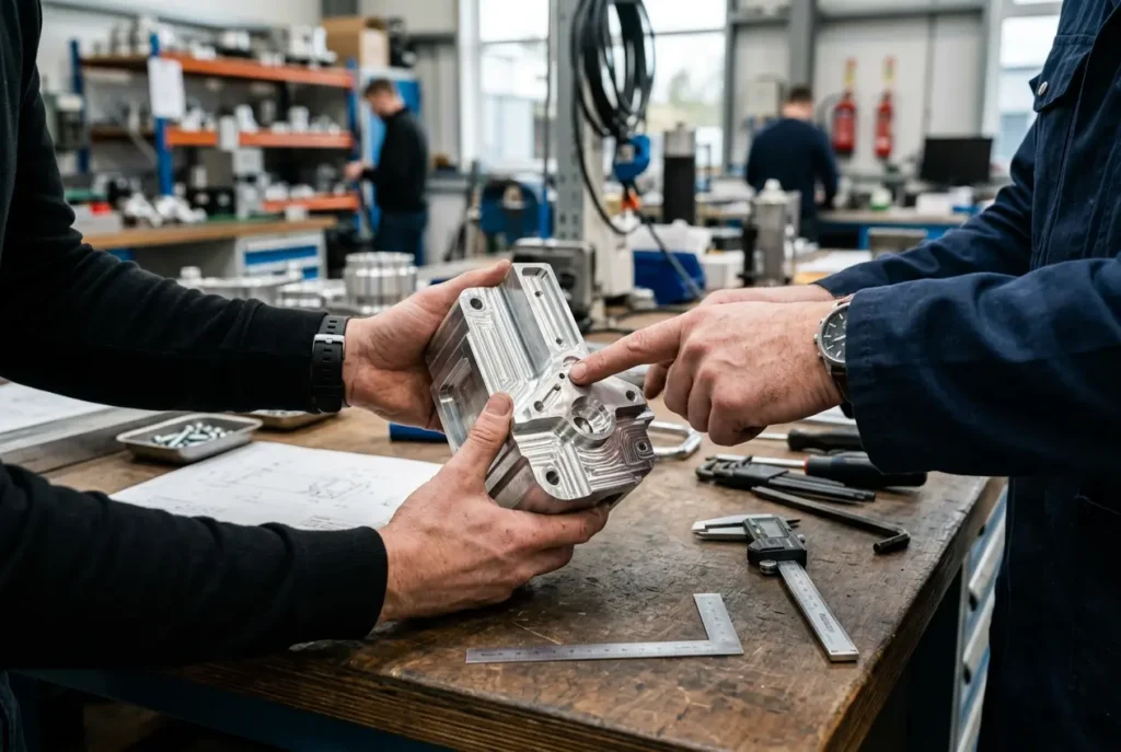Close-up of engineers’ hands inspecting a precision-machined metal component on a workbench, highlighting collaboration and quality control