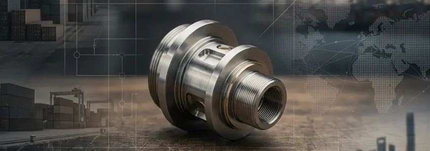 Abstract editorial collage showing a precision-engineered metal component in focus with subtle background elements representing global supply chains and manufacturing complexity