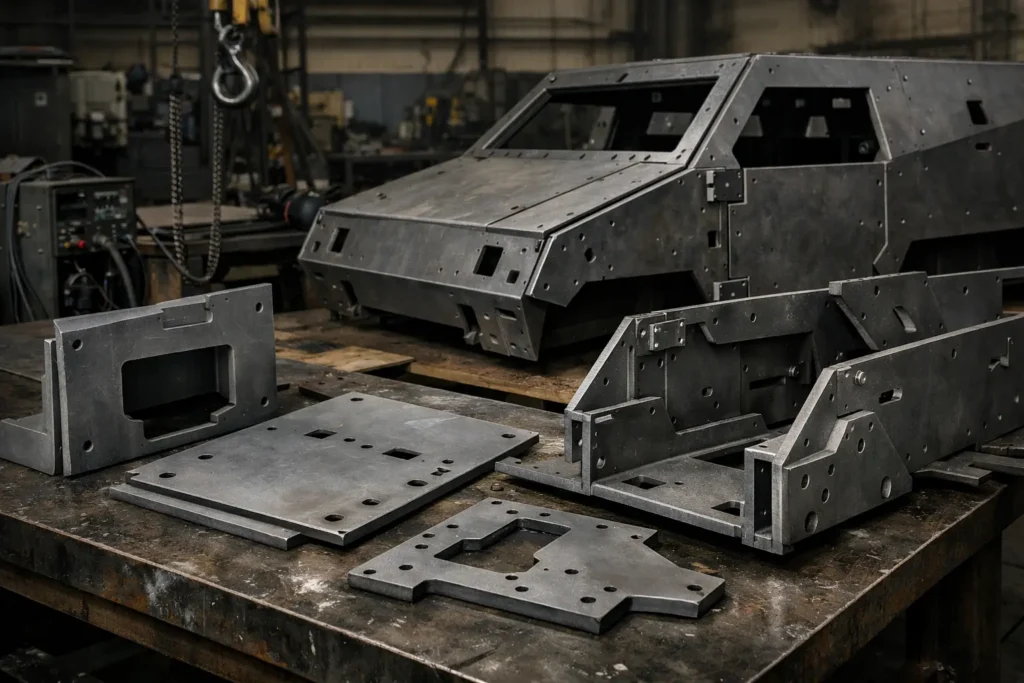 Precision-cut armour plating and high-strength materials prepared for defence manufacturing and vehicle assembly