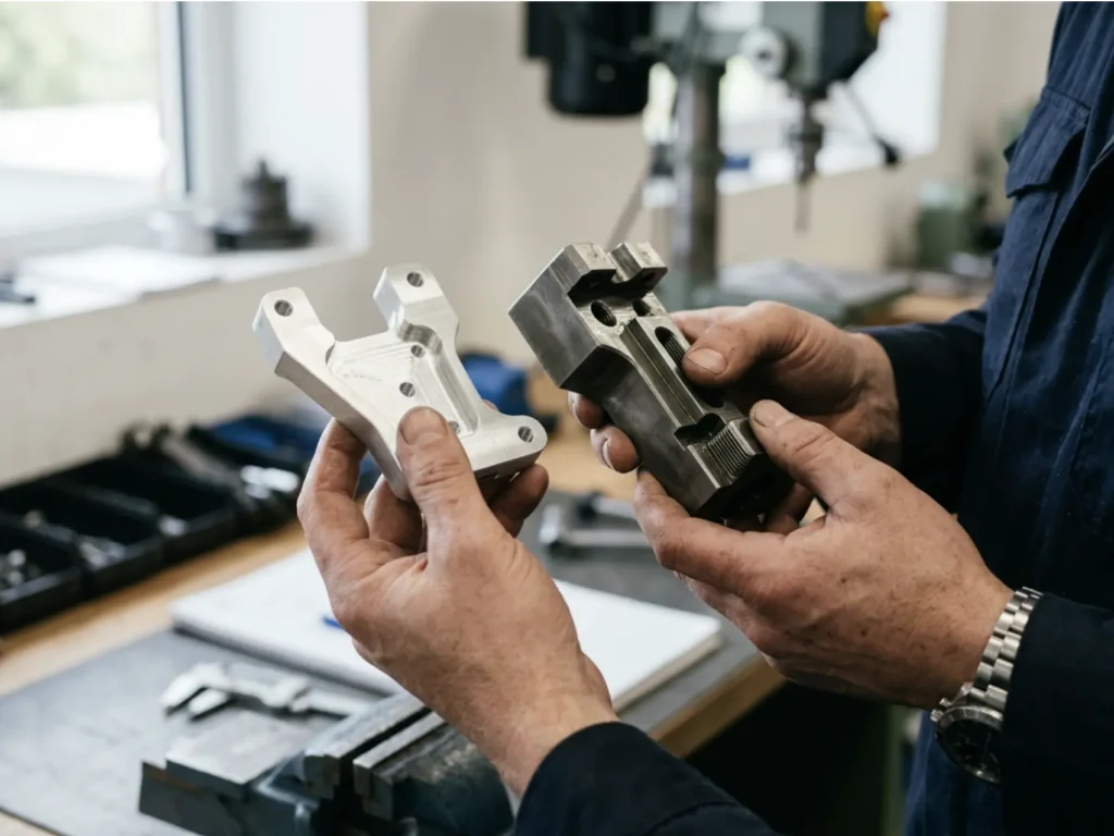 Engineer’s hands comparing two precision-machined metal components, illustrating differences in weight, finish and material selection