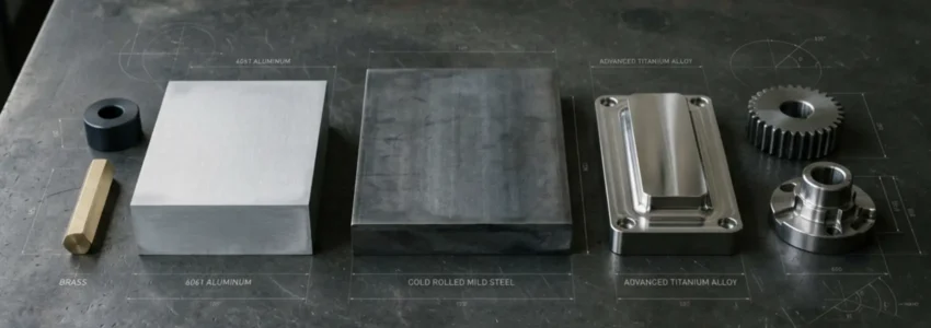 Arrangement of different engineering materials including aluminium and steel components on a dark surface, highlighting variations in texture, finish and material properties
