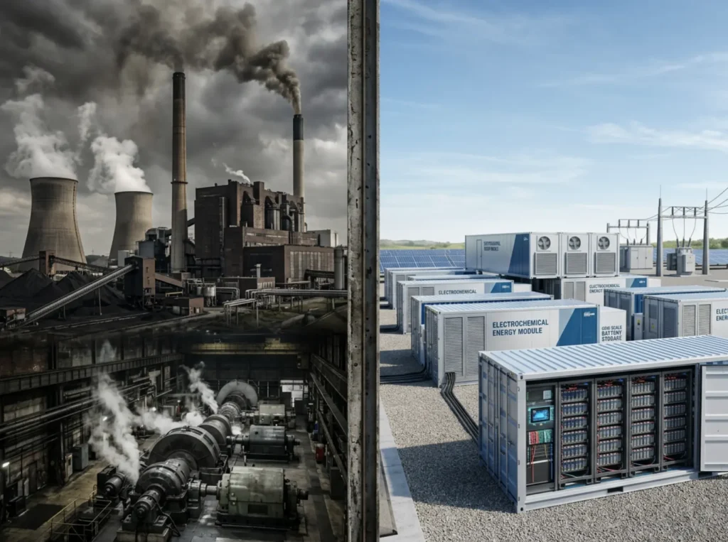 Side-by-side comparison of a traditional coal power plant and a modern electrochemical energy system with reduced emissions