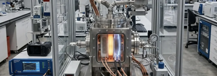Close-up of a direct carbon fuel cell system showing carbon input and internal electrochemical energy conversion components