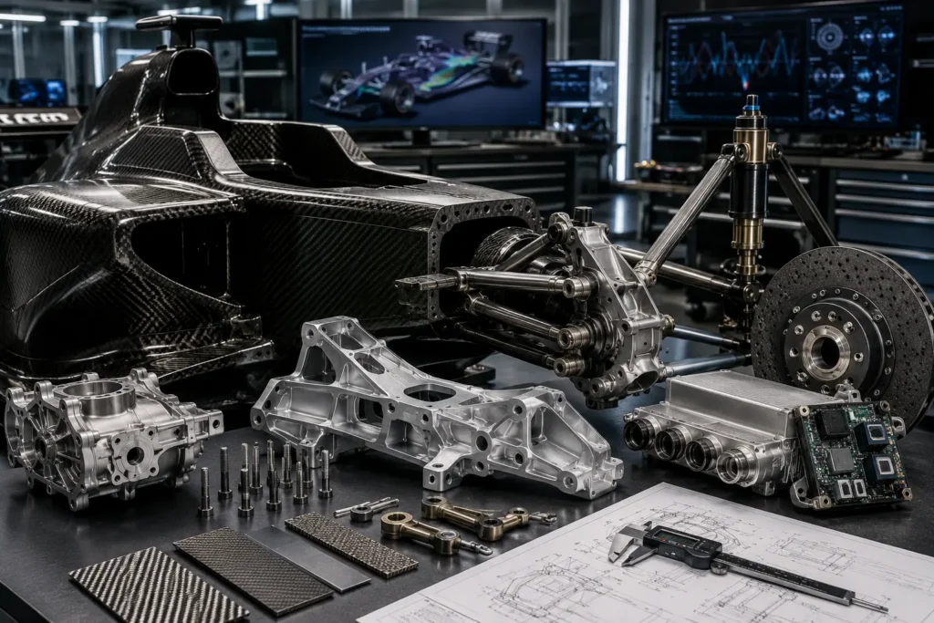 Carbon fibre monocoque chassis and lightweight engineering components used in Formula 1-inspired vehicle development.
