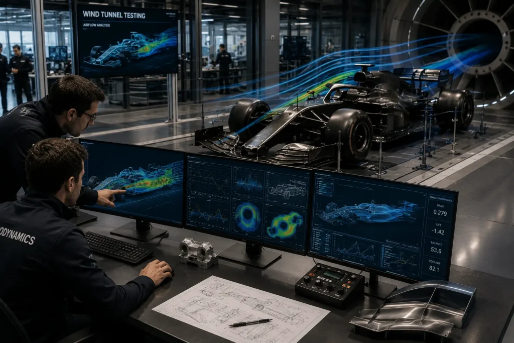 Engineers analysing aerodynamic airflow simulations during Formula 1-style wind tunnel testing.