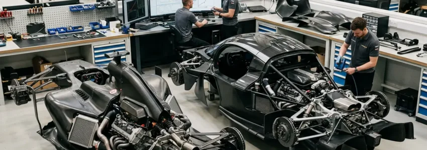 Engineers developing a Formula 1-inspired performance car chassis inside an advanced automotive engineering facility.