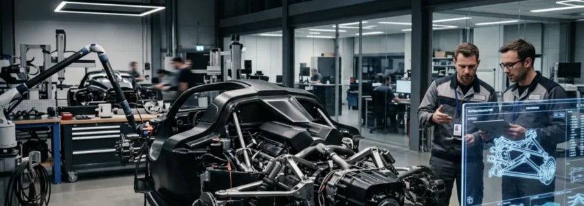 Engineers inspecting advanced carbon fibre and titanium components during hypercar development.