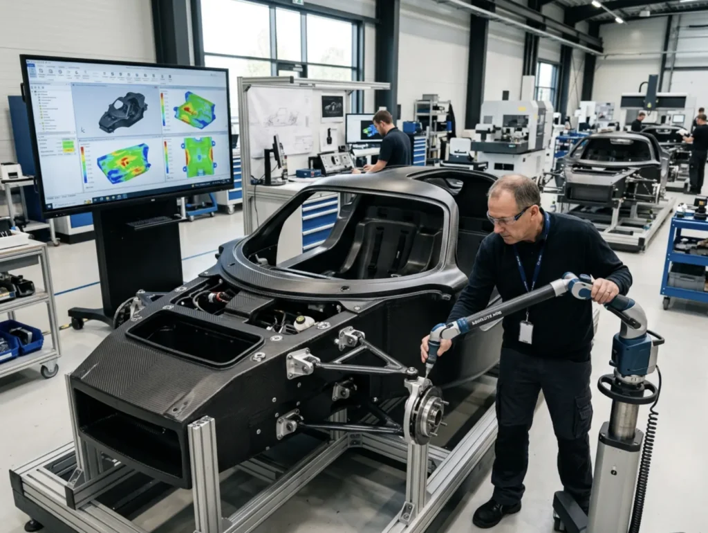 Engineer using portable metrology equipment to inspect a carbon fibre hypercar monocoque during quality control.
