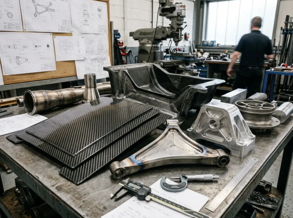 Carbon fibre, titanium and aluminium components used in modern hypercar manufacturing.