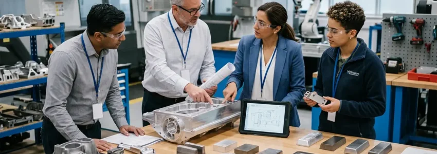 Engineers reviewing multiple versions of a component manufactured using different processes, highlighting the importance of manufacturing process selection in modern engineering.