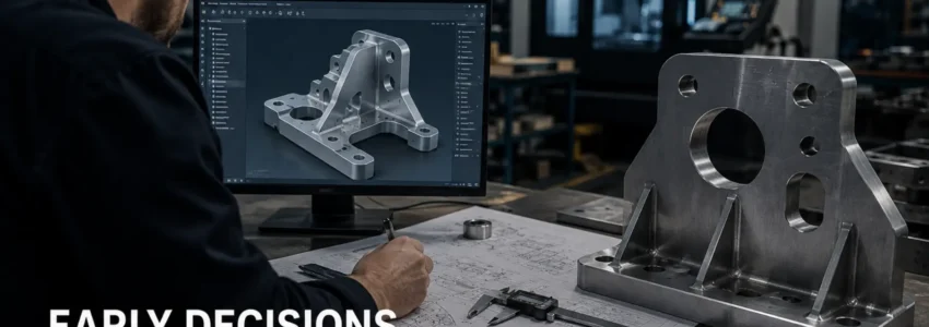 Engineer reviewing a CAD model alongside a finished precision-engineered component during a design for manufacturability assessment in a modern manufacturing facility.