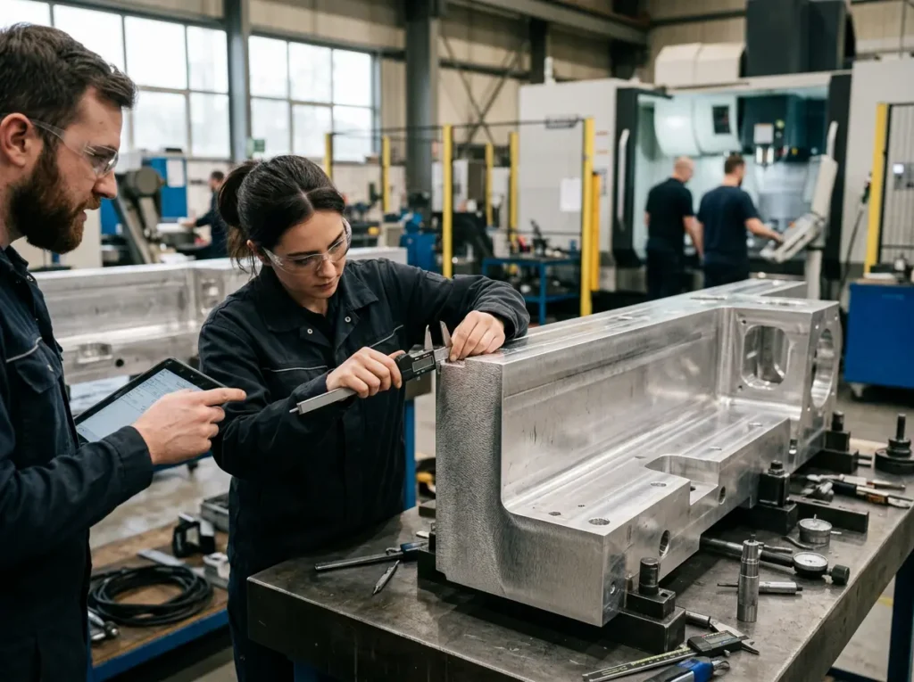 Engineers inspecting a precision-engineered aluminium component after hydro-abrasive waterjet cutting and before CNC machining operations.