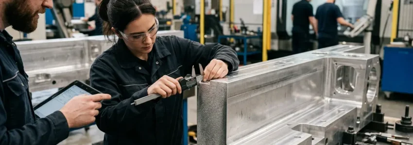 Engineers inspecting a precision-engineered aluminium component after hydro-abrasive waterjet cutting and before CNC machining operations.