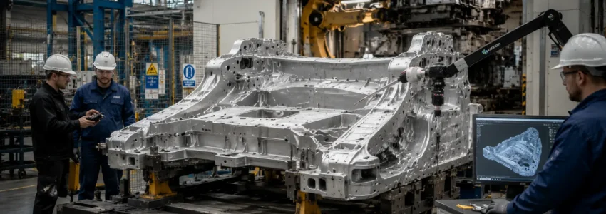 Engineers inspecting a large aluminium gigacast vehicle underbody structure inside an advanced automotive manufacturing facility, with precision measurement equipment and a high-pressure die-casting cell visible in the background. The image highlights the role of gigacasting in simplifying vehicle production by replacing numerous individual components with a single structural casting.