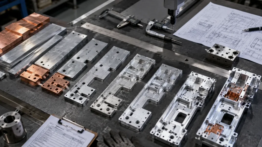 Manufacturing workflow showing raw material progressing through cutting, machining and inspection into a finished precision engineered component.