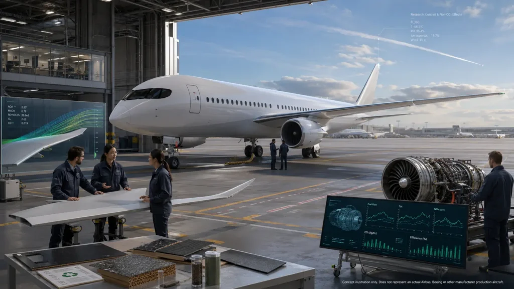 Engineers examining a next-generation passenger aircraft concept, long-span wing structure, jet engine and aerodynamic data inside a modern aerospace research facility.