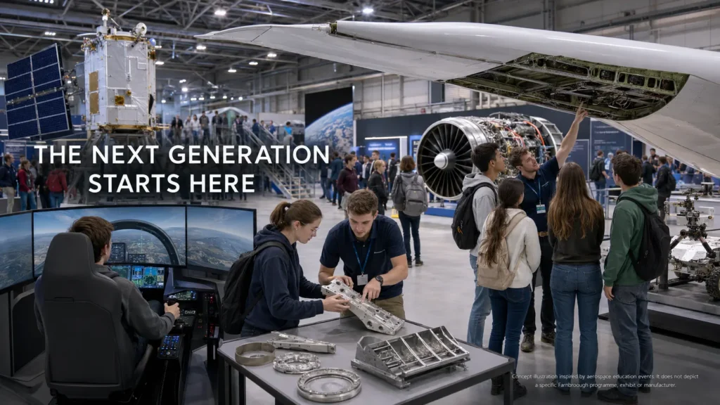 Engineers examining a next-generation passenger aircraft concept, long-span wing structure, jet engine and aerodynamic data inside a modern aerospace research facility.